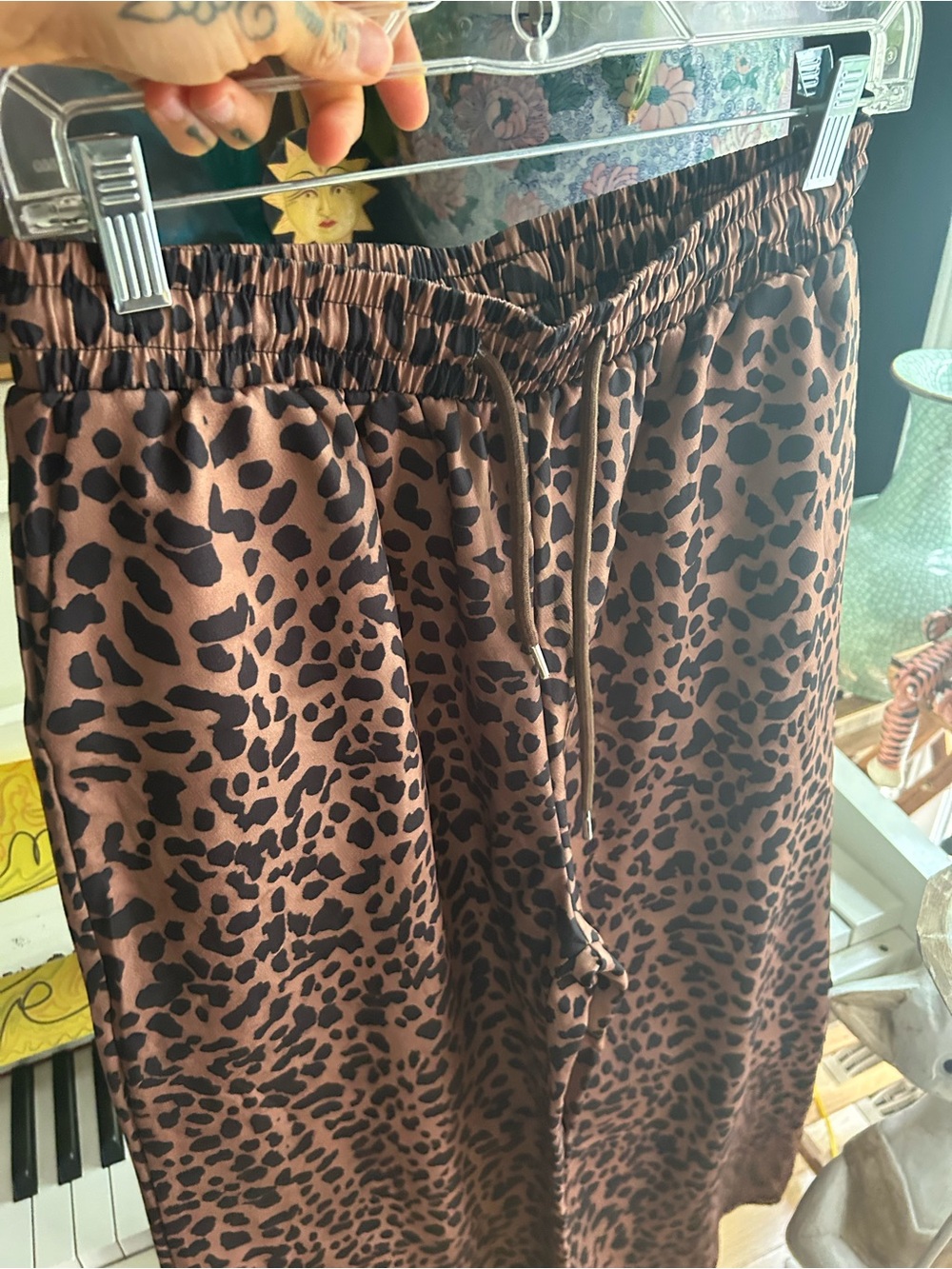 Leopard Print Wide Leg Palazzo Pants Elastic Waist Lounge Boho Women’s Large - Picture 3 of 15